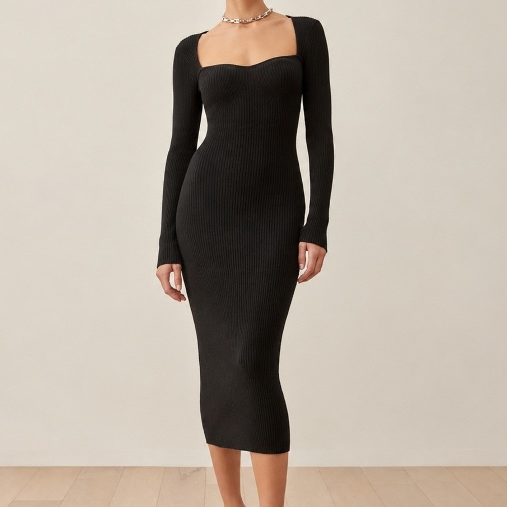 Reformation Black Tenore Cashmere Sweater Midi Dress Ribbed Sweetheart Size XL